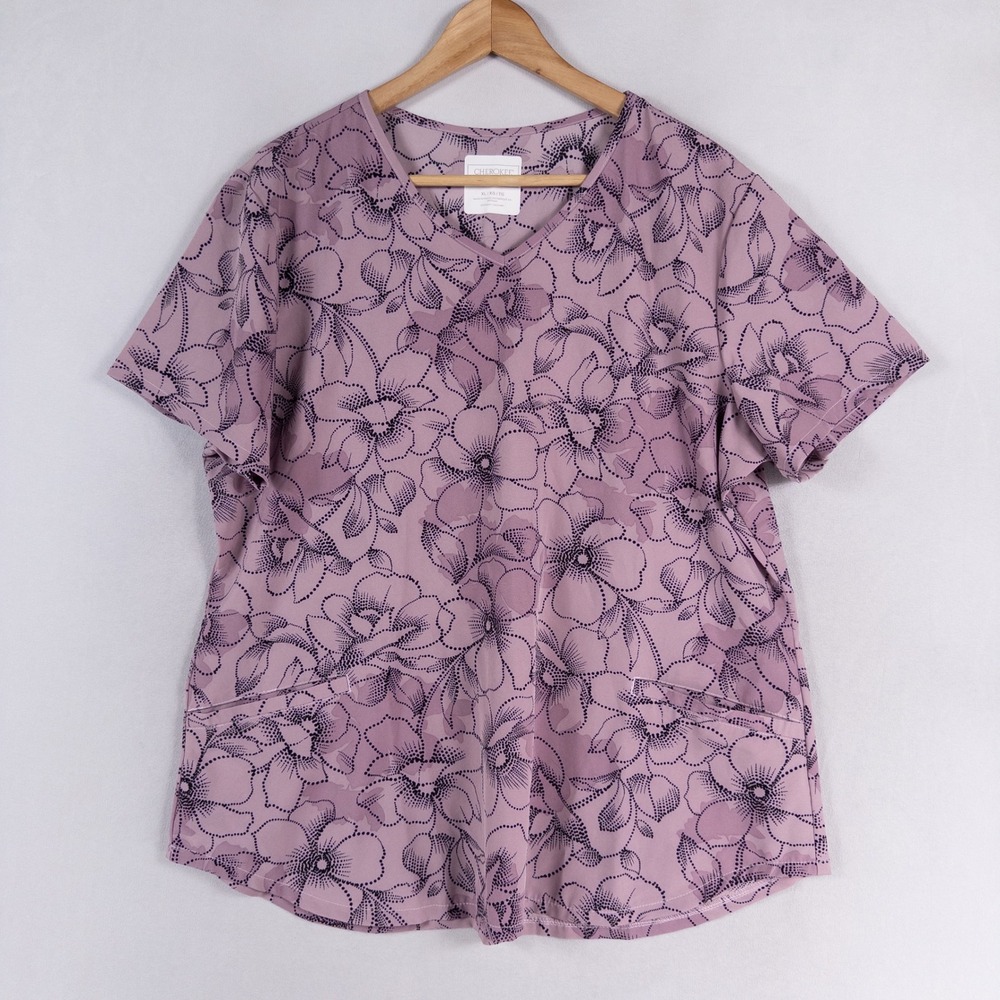 Cherokee Medical Uniforms Scrub Top Womens XL Purple Floral V Neck Stretch
